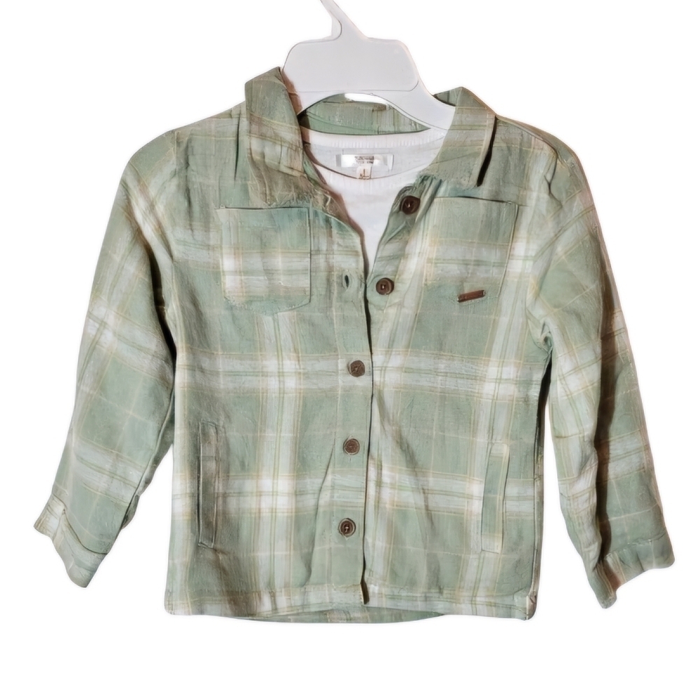 Tahari Girl White Tee and Green Plaid Shirt Girls Size 5 *Stitching Mess Up?